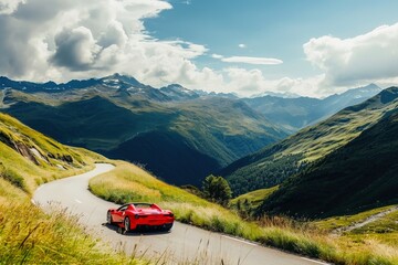 A sports car driving along a winding road in the mountains.