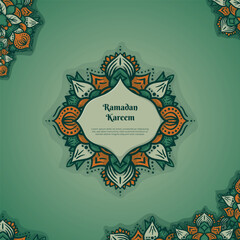 Hand drawn mandala design in green orange design with gradient green background design