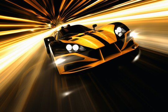 A fast modern hyper car with lightbeams showing the speed.