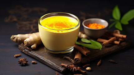 Turmeric latte with milk and cinnamon. Elixir of health