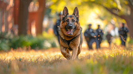 A visually dynamic capture of a K9 unit in action, with a police dog demonstrating its training alongside a dedicated officer, illustrating the teamwork and specialized skills with - obrazy, fototapety, plakaty