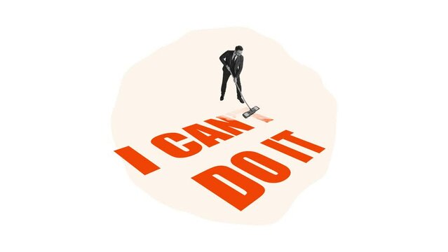 Stop motion. Animation. Office worker, employee cleaning word not symbolizing that everything is possible. Way to success. Concept of growth, ambitions, challenge and achievement