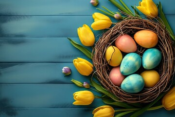 Fototapeta na wymiar Blooming Easter Elegance Holiday Celebration Banner Greeting Card with Painted Eggs in Bird Nest Basket, Yellow Tulip Flowers on Blue Concrete Table Background. created with Generative AI