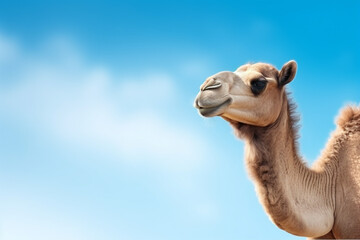 Obraz premium camel on blue background, copy space for text