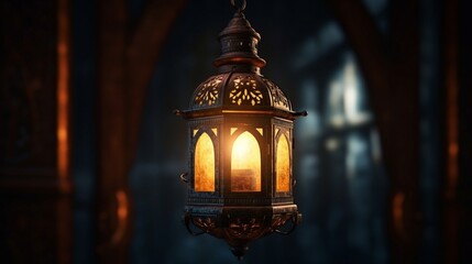 Antique illuminated Arabic lantern hanging. Ramadan Kareem with dark background. Generative AI.