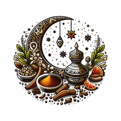 Ramadan seasoning and crescent moon illustration white background. png