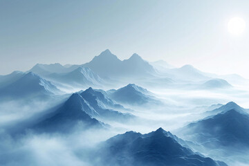 Fototapeta na wymiar Majestic mountains amidst rolling fog in a blue toned scene