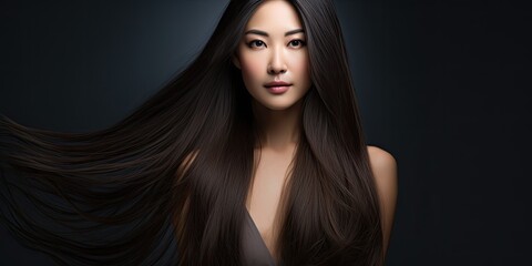 Fototapeta premium Woman with long black hair wearing black shirt.