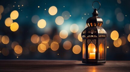 Lanterns in wood table on bokeh background. Ramadan Kareem concept copy space text. Generative AI.