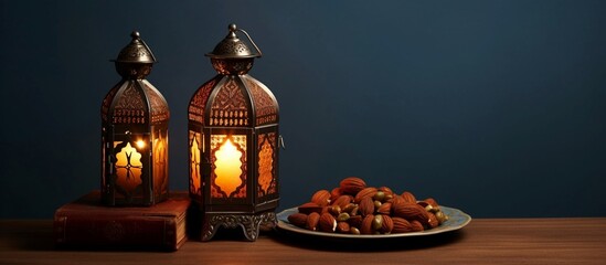 Lanterns placed on a wooden table with a beautiful background for the Muslim holiday of the holy month of Ramadan Kareem. Generative AI.