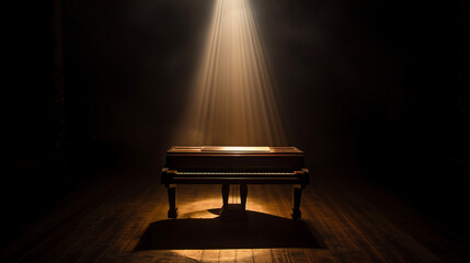 Dramatic solo spotlight on a piano on a dark stage - obrazy, fototapety, plakaty