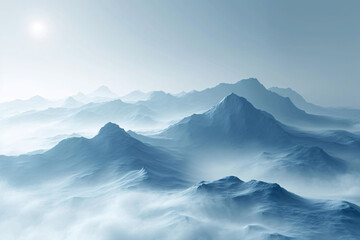 Misty mountain peaks in a serene blue landscape
