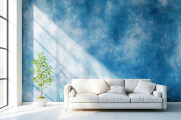 Modern blue and white living room interior design and blue wall texture background.