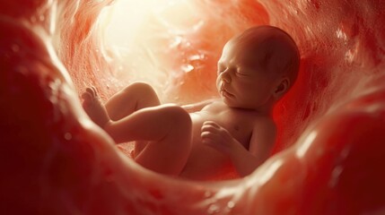 Little human baby inside mother womb. Small embryo in uterus. Cute unborn child sleep in belly. Origin beginning of life concept. Woman pregnancy. Tiny innocent infant grow. Childbirth medical science - obrazy, fototapety, plakaty