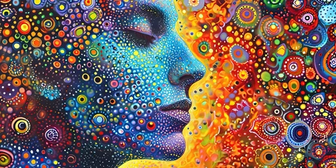 Fotobehang Pointillism, a human being and his inner world, a combination of different geometric shapes, wallpaper, background. © Людмила