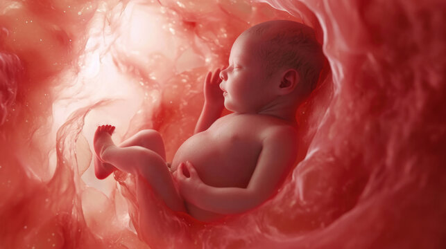 Little human baby inside mother womb. Small embryo in uterus. Cute unborn child sleep in belly. Origin beginning of life concept. Woman pregnancy. Tiny innocent infant grow. Childbirth medical science