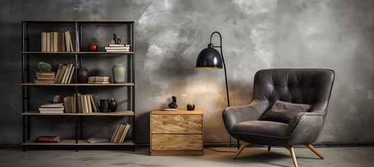Scandinavian living room with stylish sofa, chair, and bookshelf against cracked pepper walls.