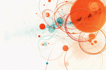 Abstract swirls and circles  wallpaper in orange and teal on a white background