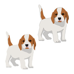 Vector white dog with brown spots, puppy standing isolated on white background
