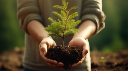 Young woman holding small tree in soil, closeup. Earth day concept
