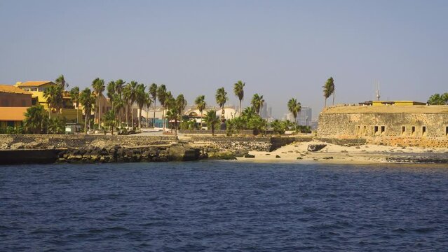 Approaching historic city on the Goree island near Dakar, Senegal, Africa. Goree Island is a UNESCO World Heritage Site . 4K UHD video.