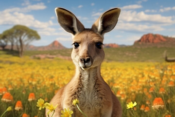 Naklejka na ściany i meble kangaroo with wild flowers in the savanna