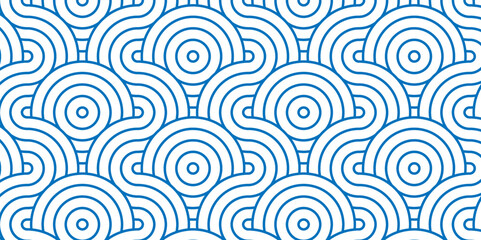 Modern diamond geometric waves spiral pattern and abstract circle wave lines. blue seamless tile stripe geomatics overlapping create retro square line backdrop pattern background. Overlapping Pattern.