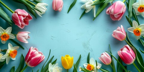 Tulips and daffodils on blue spring background, top view with copy space - obrazy, fototapety, plakaty