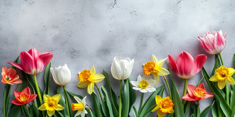 Tulips and daffodils on grey background, flat lay spring greeting card with copy space