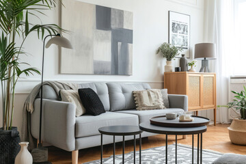 Stylish and scandinavian living room interior of modern apartment with gray sofa, design wooden commode, black table, lamp, abstract paintings on the wall.