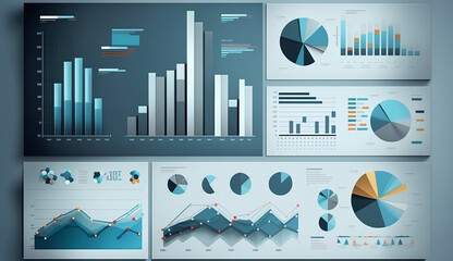 Blue graphs and charts. Business reports on gray background, Ai generated image - Powered by Adobe