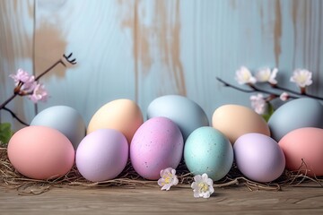 Pastel Dreams Easter Holiday Celebration Banner Greeting Card with Pastel Painted Eggs on a Bright Wooden Table Texture. created with Generative AI