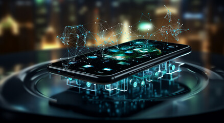 ai, Artificial intelligence concept. Smartphone with cyberspace network modern innovation icon on table . Background with light and bokeh of night city. Modern office, tower view at urban city.
