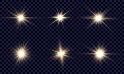 Light effects set, bright star isolated on transparent background for web design and illustrations. 10 EPS. Vector.