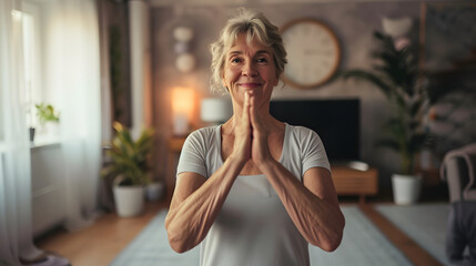 Smiling senior woman training working out exercising mindfulness yoga at home, healthy lifestyle concept
