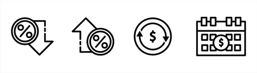 increase and decrease money icon set, credit and loan icon vector illustration