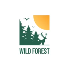 Gordijnen Travel badge with pine trees textured vector illustration and "Wild", animal deer vector. Forest logo design Template.  © hafizh
