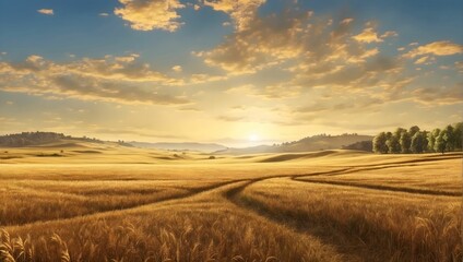 Naklejka na ściany i meble golden fields of grain, meadow, pasture, 4k, ultra realistic, high detailed. generative AI