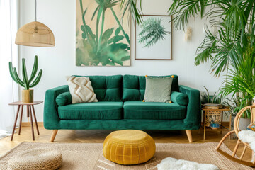 Stylish scandinavian interior of living room with design green velvet sofa, gold pouf, wooden furniture, cacti, carpet, cube, copy space. - obrazy, fototapety, plakaty