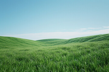 Fototapeta premium Vast green field with gentle hills and blue sky