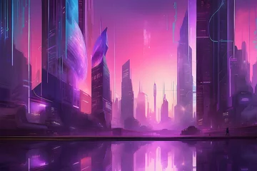Zelfklevend Fotobehang Watercolor illustration of an evening metropolis with light reflection. Cyberpunk theme, technical background. Generative AI. © nutalina