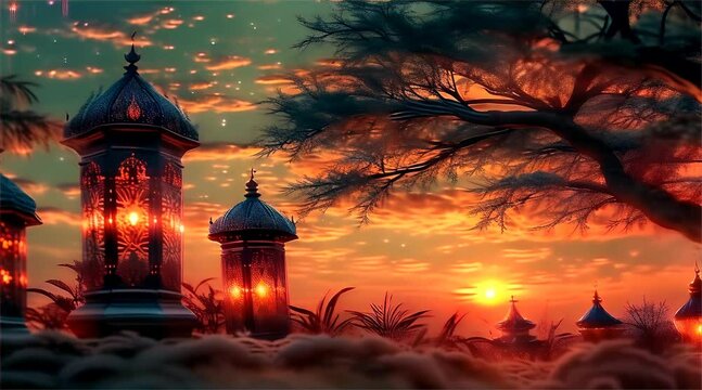 Ramadan Decorative Lanterns, Tree with sunset Background, Muslim Holy Month Concept, Nighttime Ramadan Scene, Traditional Ramadan Lanterns video