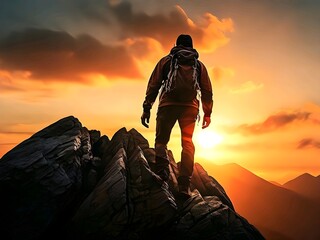 male mountain climber climbs a rock to see the sunset