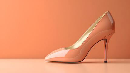 Elegant peach fuzz high heel on matching backdrop, a minimalist fashion statement. Copy space