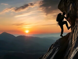 silhouette of a mountain climber with a sunset scene as the background