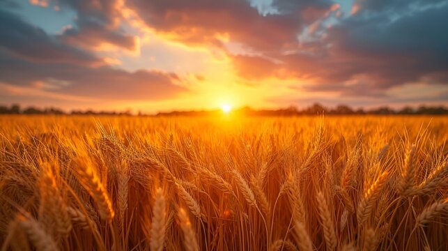 AI illustration of a sunset over a golden wheat field.