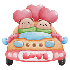 Watercolor bear cute on mini heart car.Valentine day love
