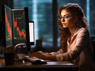business woman working on a large computer screen ,analyzing financial data, ai generated image