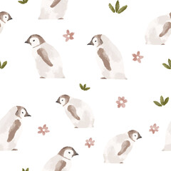 Cute penguins seamless pattern. Hand drawn baby animals pattern. Watercolor pattern - 711660334