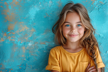 Smiling young girl in yellow top against a blue textured wall